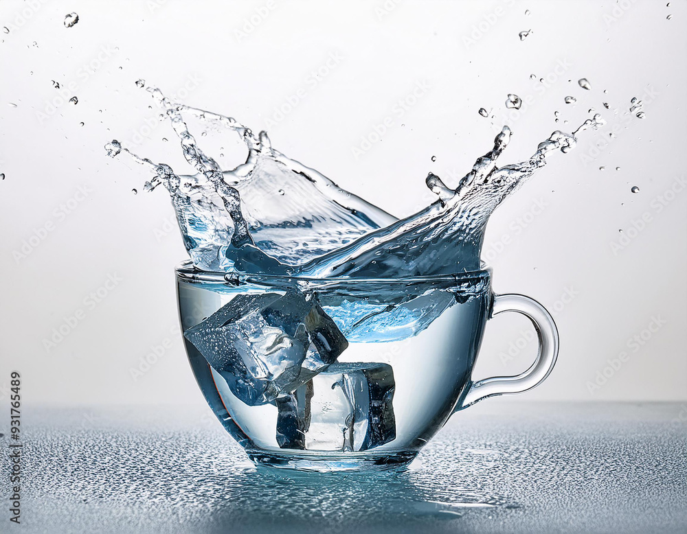 Poster aqua splashing with frozen block in a cup on white backdrop.