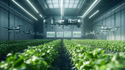 An automated farm utilizes drones to monitor crops in a high-tech greenhouse. The scene illustrates the integration of robotics and AI in agriculture, highlighting efficiency