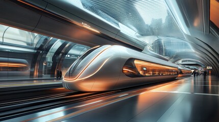 A futuristic train station features sleek, levitating trains with advanced design elements. The modern architecture and innovative technology showcase the future of high-speed