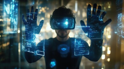A person immersed in a virtual reality experience interacts with holographic interfaces, manipulating digital data in a futuristic setting. The scene highlights the advancements in VR technology