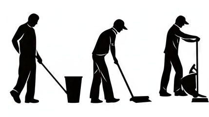 Fototapeta premium Silhouetted male workers engaged in various cleaning tasks.