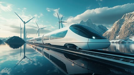 A sleek high-speed train glides through a pristine, snowy landscape, powered by clean energy from wind turbines. The futuristic design reflects in the serene waters below.
