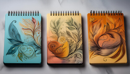 Assorted colored notepads with artistic sketches for inspiration.
