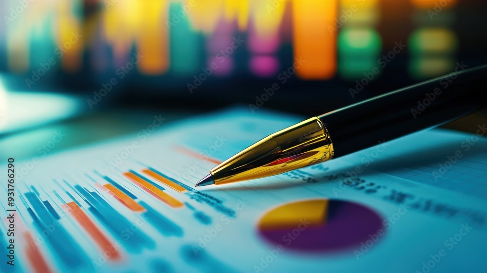 Poster close-up of a pen on a financial report with colorful charts, representing data analysis and busines