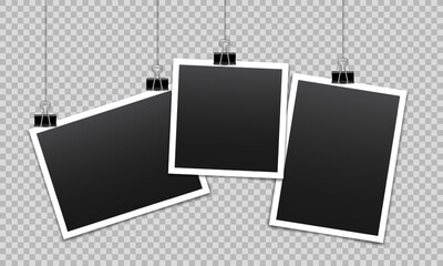 Vector blank photo frames with silver metal paper clip and shadow isolated on transparent background. Template mockup photo design.