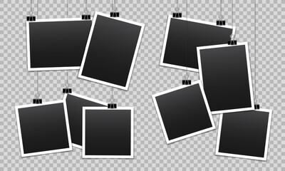 Vector blank photo frames with silver metal paper clip and shadow isolated on transparent background. Template mockup photo design.