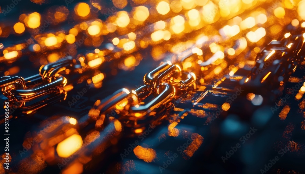 Poster close-up of a shiny metallic chain linked together, illuminated by a warm glow, creating a striking 