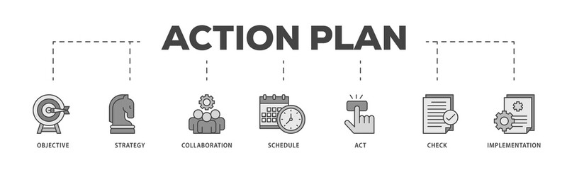 Obraz premium Action plan icons process structure web banner illustration of objective, strategy, collaboration, schedule, act, launch, check, and implementation icon png transparent background.