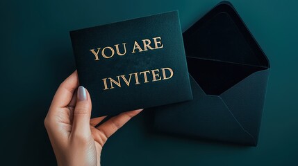 Closeup of a hand holding dark green invitation card with you are invited gold lettering and matching envelope for upscale event