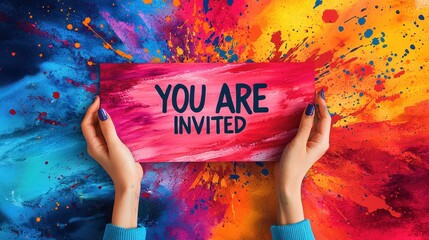 Hand holding invitation card with you are invited text against colorful abstract background for a lively and artistic event