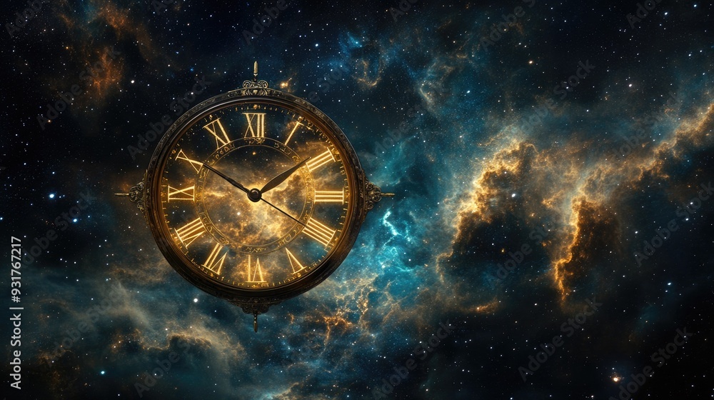 Poster a clock face floating in the vastness of space, with its hands moving steadily against a backdrop of