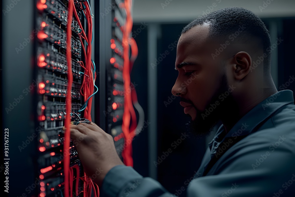 Poster server technician working on a server