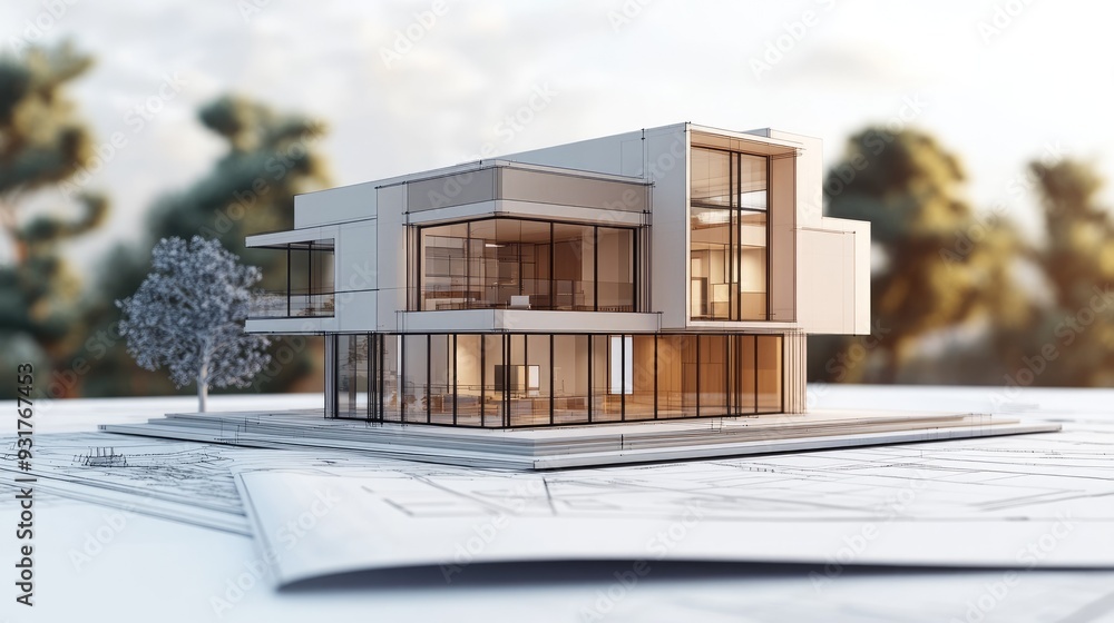 Poster a contemporary home placed perfectly on a blueprint, with ample space for text or design concepts.