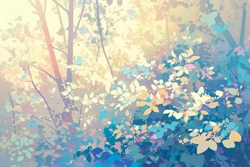 Pastel forest trees illustration. Abstract nature plant wallpaper, beautiful blooming garden foliage