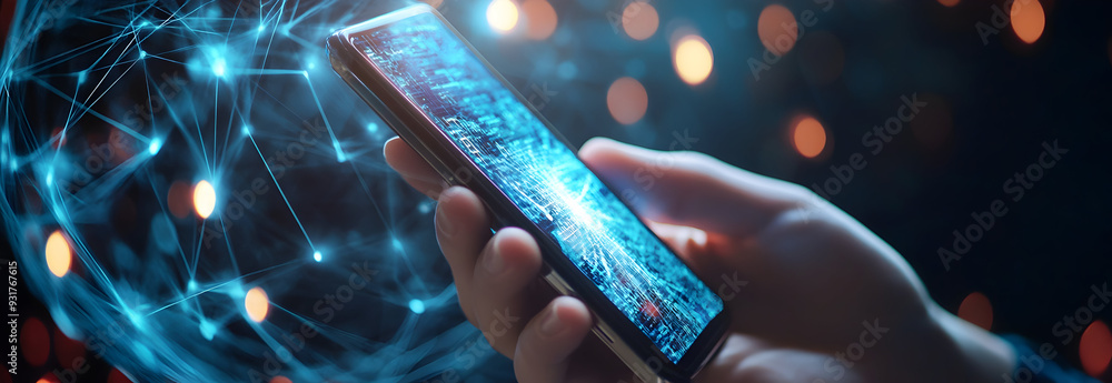 Poster business hand reaching global structure network and data exchanges customer connection with new virt
