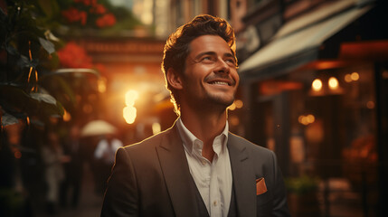 Fototapeta premium Portrait of a young businessman with an abstract background in the form of a large metropolis. 