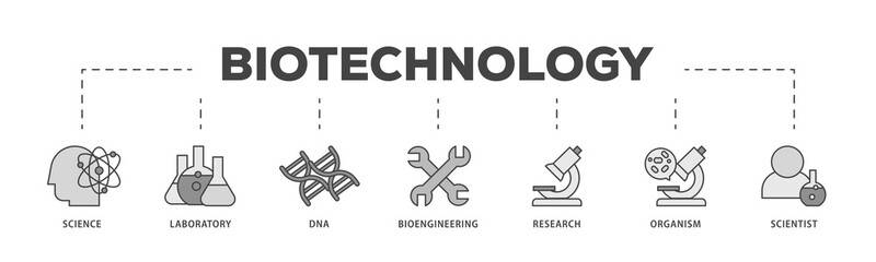 Biotechnology icons process structure web banner illustration of scientist, bioengineering, organism, research, dna, laboratory, science icon png transparent background.
