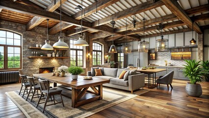 Fototapeta premium Rustic textures and warm lighting add cozy charm to industrial elements like exposed beams and distressed metal, creating a unique blend of style and comfort.