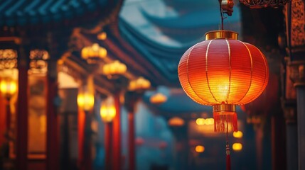 A glowing red lantern illuminates the night in a traditional Chinese temple, casting a warm light over ancient architecture.