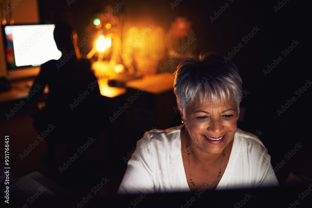 Poster Mature business woman, night and computer with smile, online reading and internet with deadline. Person, employee and consultant with pc, technology and project with schedule and connection