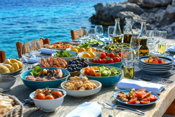 Mediterranean vegetable dishes, Greek salad, seafood dishes, fruit salad, glasses of water, napkins, olive oil, beautiful setting, light turquoise sea and sky