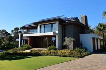 Modern House with Solar Panels and Landscaping