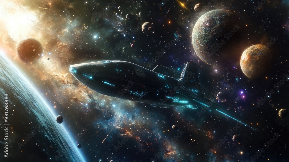 Poster a mission to distant galaxies illustrated with a spaceship navigating through space, planets and sta