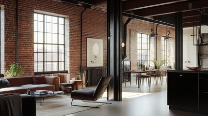 Fototapeta premium Spacious Industrial Loft Apartment with Natural Light