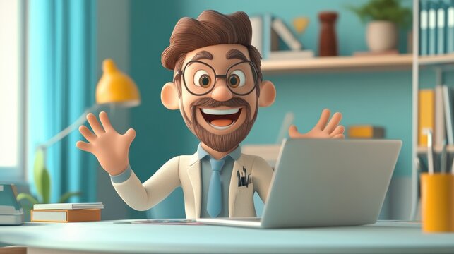 Cheerful animated character at a desk with a laptop smiling and showing open hands in a playful presentation of comparison and balance