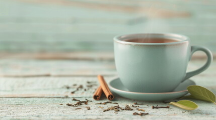 Cozy Morning Tea, Steaming Mug with Cinnamon and Cloves on Rustic Wooden Table, Mint Green Aesthetic, Autumn Vibes