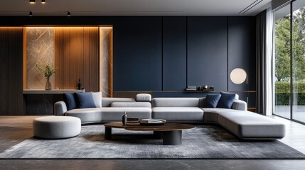 A modern living room in dark blue tones, with sleek furnishings and minimalistic decor for a refined look.