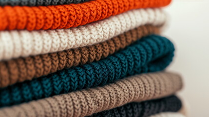 Stack of Colorful Knitted Sweaters in Autumn Colors Close-Up, Perfect for Fall Fashion and Textile Design