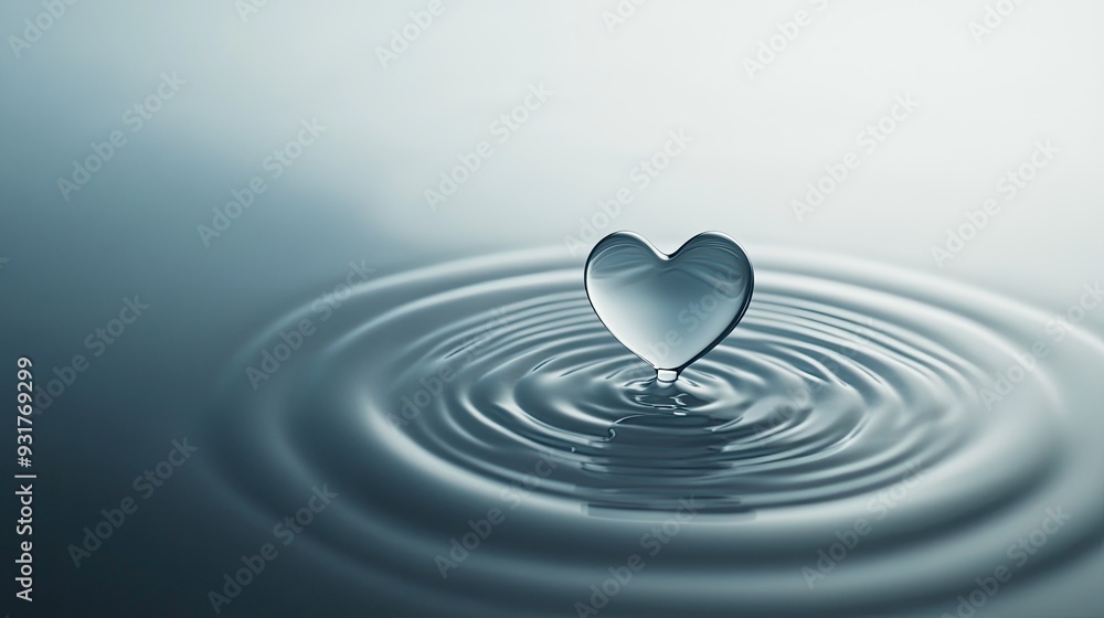 Poster a perfectly shaped heart water drop causing ripples on a smooth, white surface, isolated in a minima