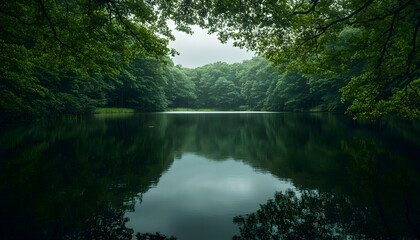 Calm Lake Encircled by Lush Greenery, 