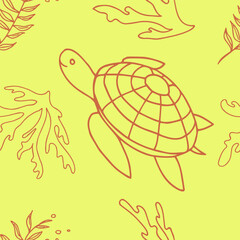 Seamless pattern with sea turtles and corals, underwater life, hand drawn. Vector seamless pattern. Suitable for textiles, covers, wall wallpaper, packaging, children's prints, etc.