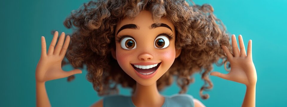 Charming 3D cartoon lady with curly hair expressing large size with hand gestures smiling at the viewer Measuring excitement in the air