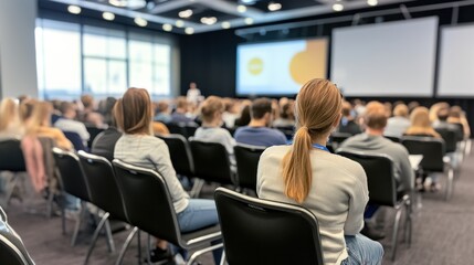 Fototapeta premium Large group of people attending a business seminar in modern conference hall, focusing on speaker and presentation.