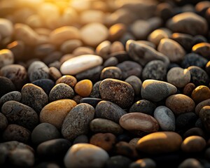 Close-up of various smooth stones and pebbles, showcasing their natural textures and colors in soft evening light.