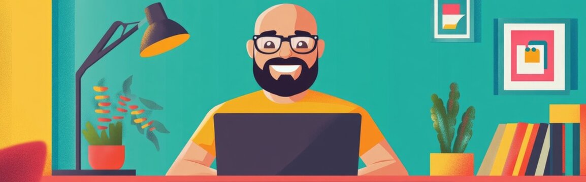 Cheerful animated bald man with glasses mustache and beard focused on his laptop while happily working at his colorful home office desk