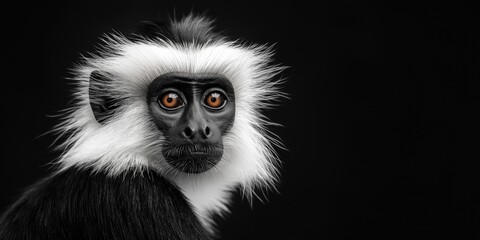 Fototapeta premium Photo of a Black & White Colobus monkey isolated against a black background, emphasising the Black & White Colobus monkey's majestic features. Wildlife and conservation concept, space for copy.