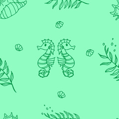 Seamless pattern with cute cartoon seahorses, corals, sea shells, underwater life, hand drawn. Seamless vector pattern. Suitable for textiles, covers, wall wallpaper, packaging, children's prints, etc