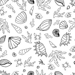 Black and white seamless pattern with seahorses, corals, sea shells, crabs, fish, underwater life, hand drawn. Vector seamless pattern. Suitable for textiles, covers, wall wallpaper, packaging