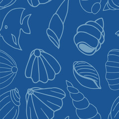 Blue seamless pattern with sea shells and fish, underwater life, hand drawn. Vector seamless pattern. Suitable for textiles, covers, wall wallpaper, packaging, children's prints, etc.
