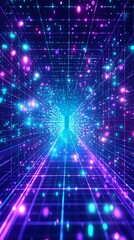 Obraz premium An engaging neon-lit pathway featuring a detailed light grid and sparkles effect, creating a sense of depth and immersion with an array of bright blue and pink lights.