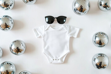 Baby onesie with sunglasses surrounded by silver disco balls on white background
