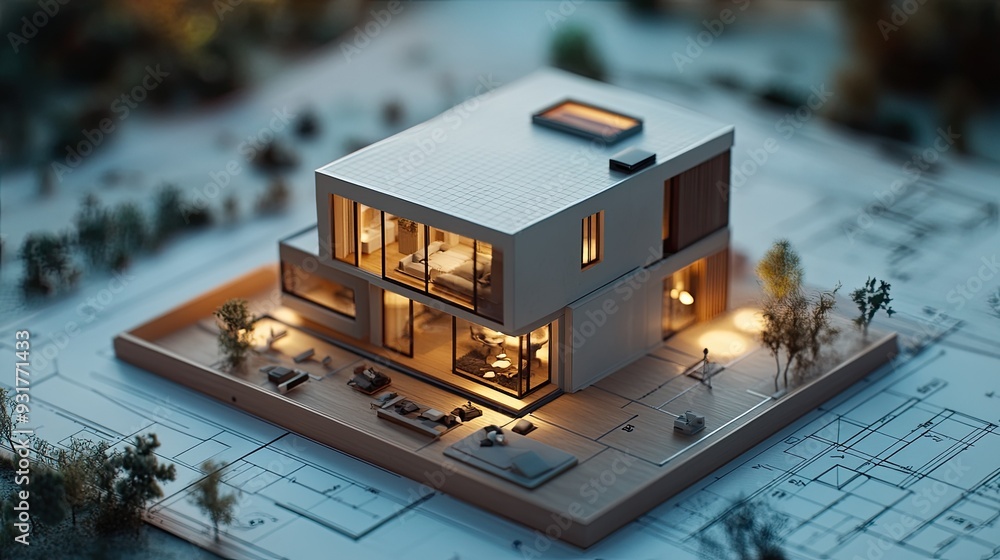 Poster a top-down view of a modern home model on a blueprint, highlighting the process of architectural tra