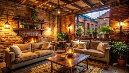 Fototapeta premium Soft lighting and earthy tones evoke a sense of calm, while exposed brick adds a touch of industrial chic, creating a cozy hideaway perfect for relaxation.