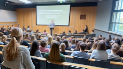 Group of students listening to a speaker during an educational lecture in a spacious, well-lit auditorium