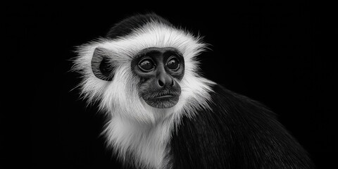 Photo of a Black & White Colobus monkey isolated against a black background, emphasising the Black & White Colobus monkey's majestic features. Wildlife and conservation concept, space for copy.