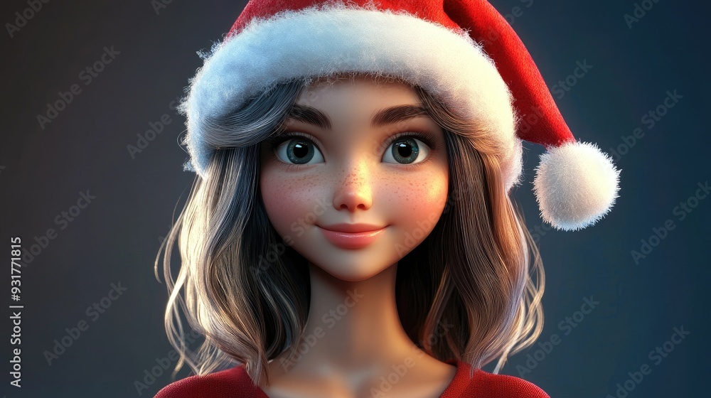 Wall mural charming girl character wearing a festive santa hat in 3d